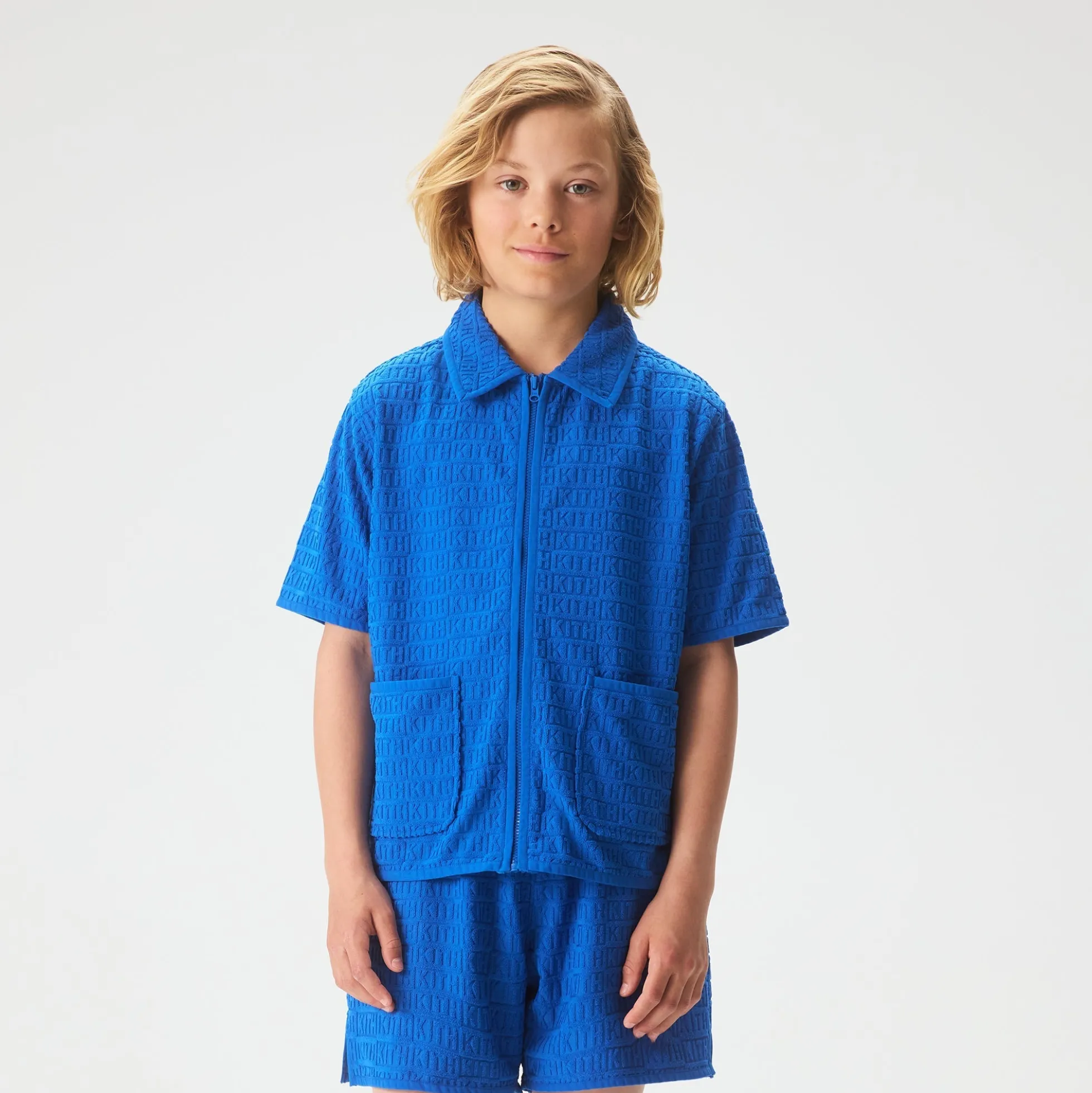 Kith Kids Textured Monogram Zip Front Camp Shirt