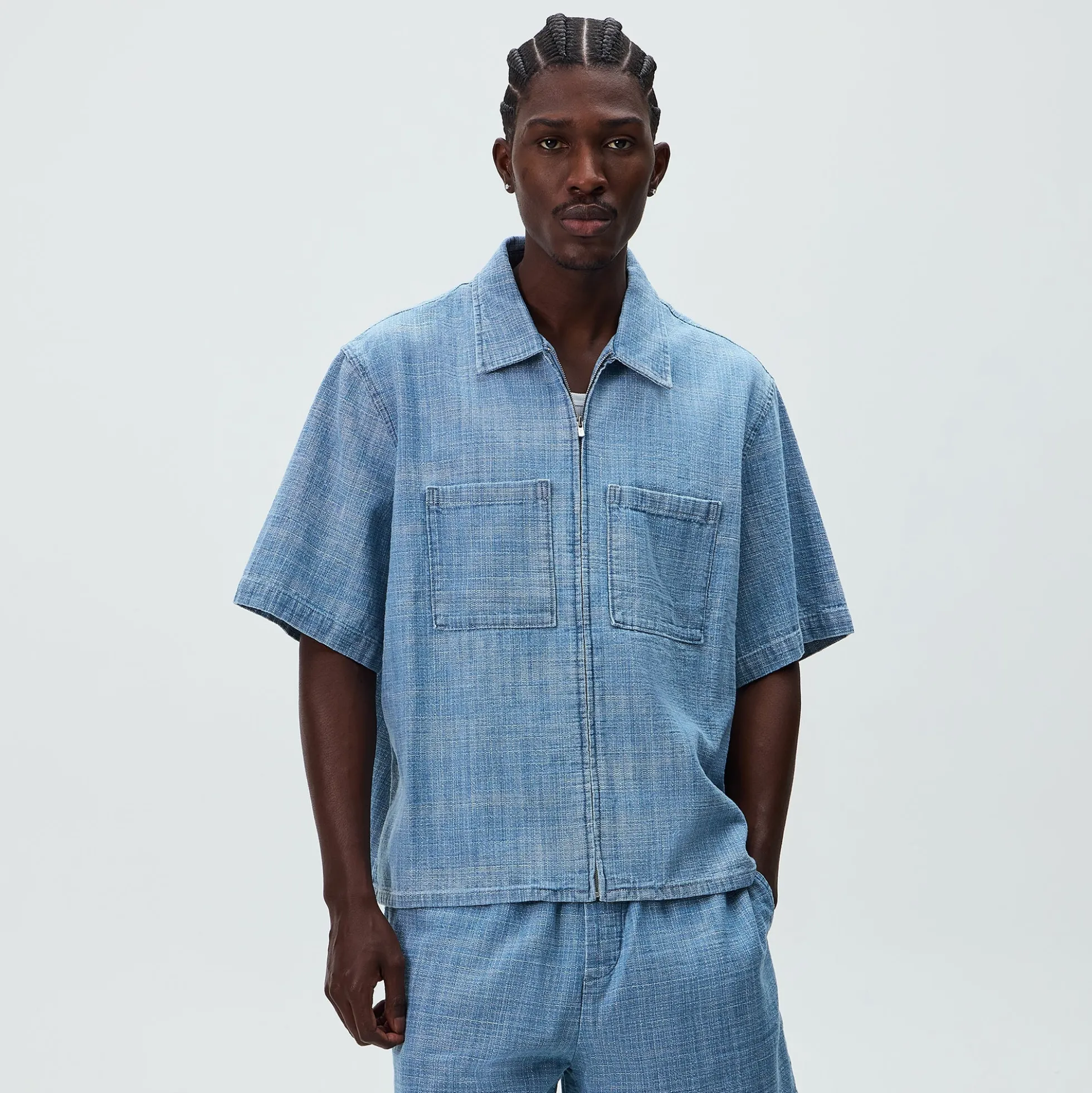 Kith Textured Indigo Paxton Zip Front Shirt