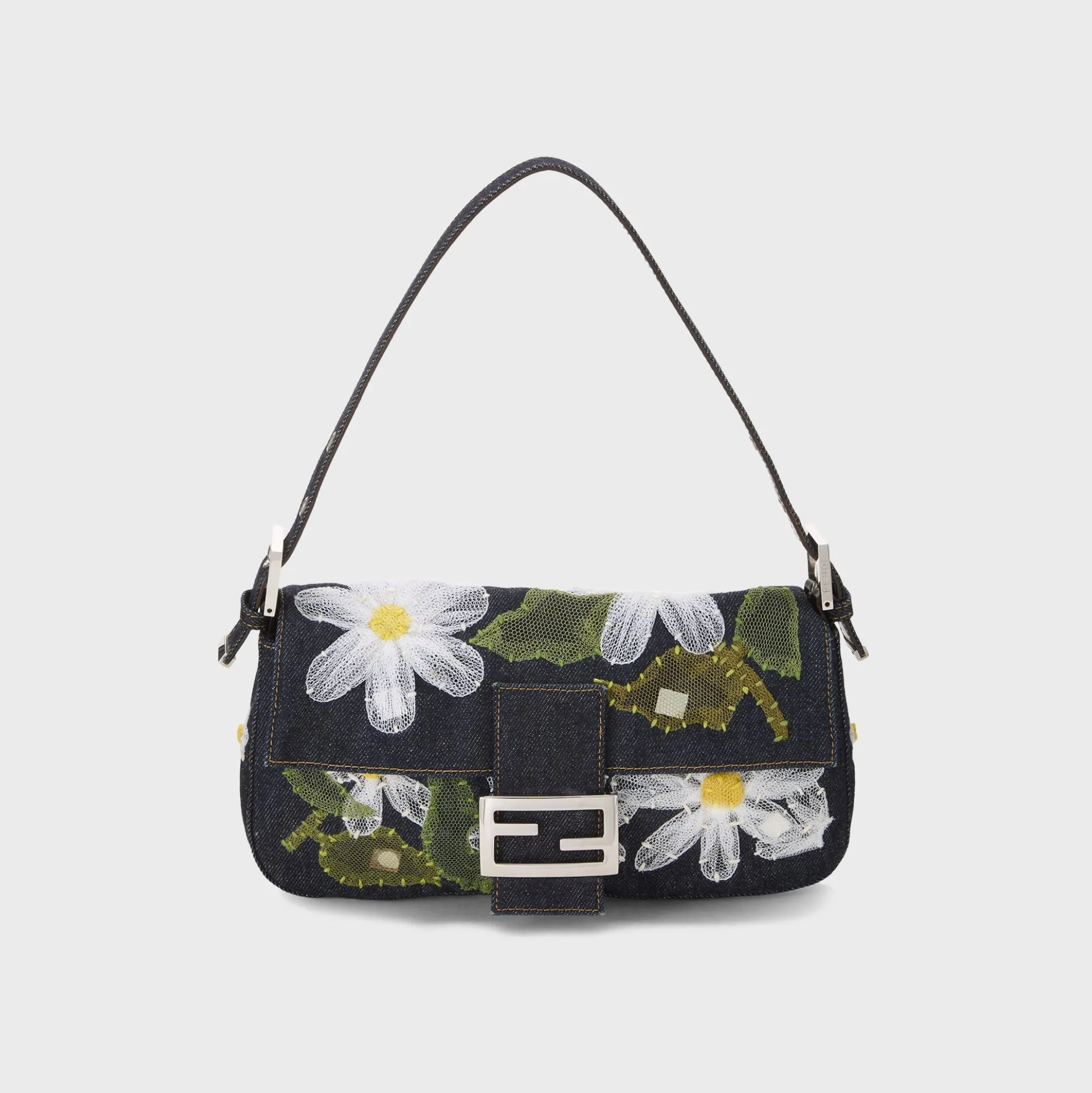 WGACA Fendi Denim Floral Embroidered Mama Baguette Shoulder Bag