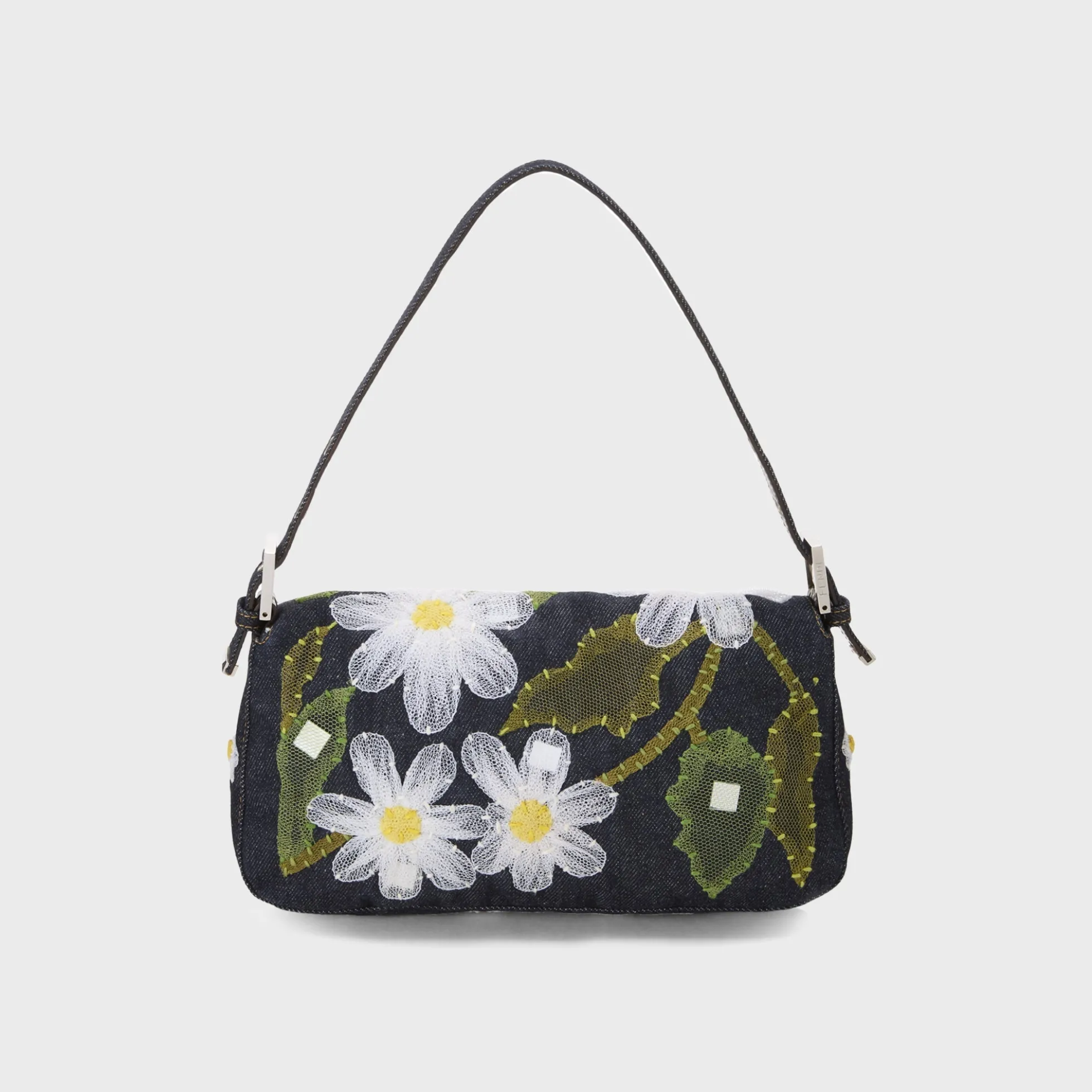 WGACA Fendi Denim Floral Embroidered Mama Baguette Shoulder Bag