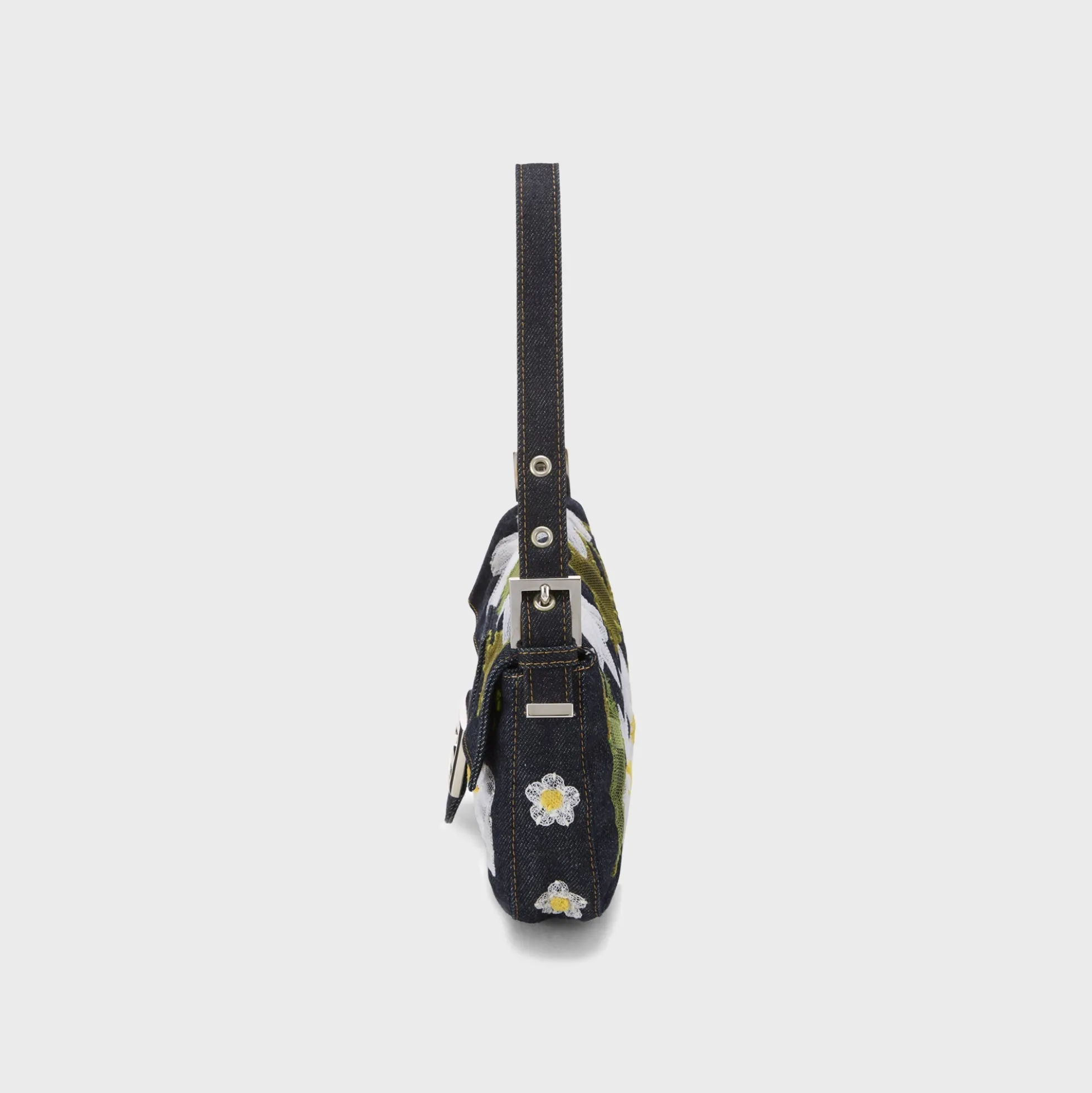 WGACA Fendi Denim Floral Embroidered Mama Baguette Shoulder Bag